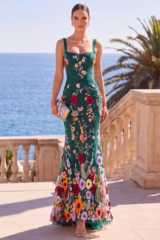 Dark Green Square Neck Floral Embroidery Mermaid Maxi Dress with 3D Appliques made by Zapaka
