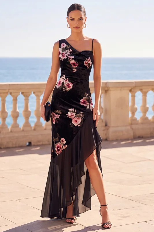 Black Asymmetrical One‑Shoulder Floral Velvet Ruffled Hem Maxi Dress made by Zapaka
