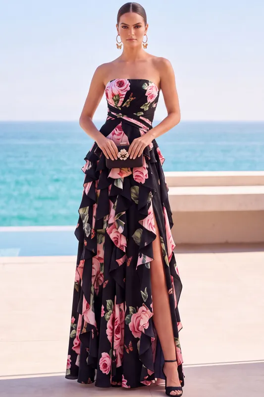 Black Tiered Ruffled Floral Printed Ruched Strapless Chiffon Maxi Dress with Slit made by Zapaka
