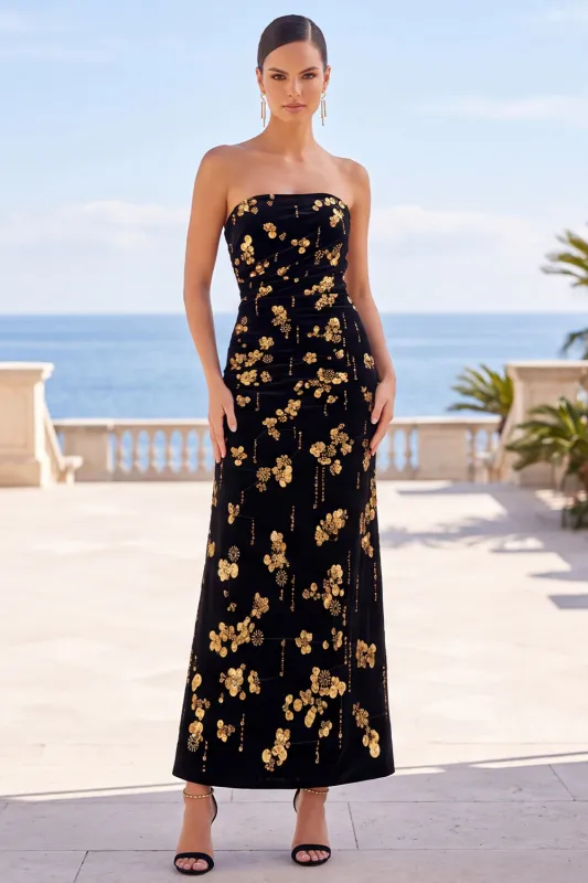 Black Golden Floral Printed A-Line Strapless Maxi Dress made by Zapaka