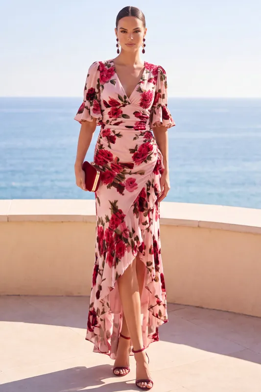 Pink Red Flower Printed V-Neck High‑Low Ruffled Hem Ruched A-Line Maxi Dress made by Zapaka