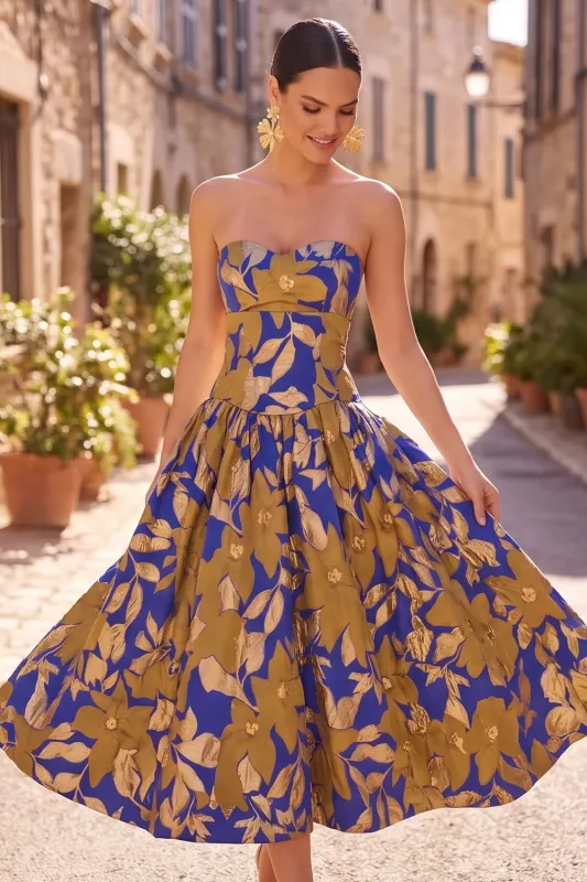 Royal Blue A-Line Strapless Ruched Floral Printed Midi Dress made by Zapaka