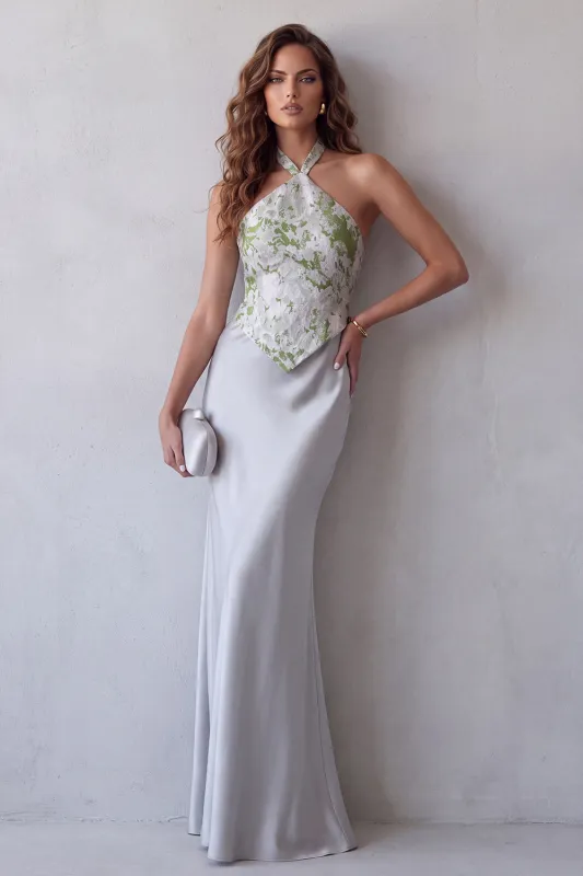 Halter Grey Satin Floral Sheath Long Formal Dress made by Zapaka
