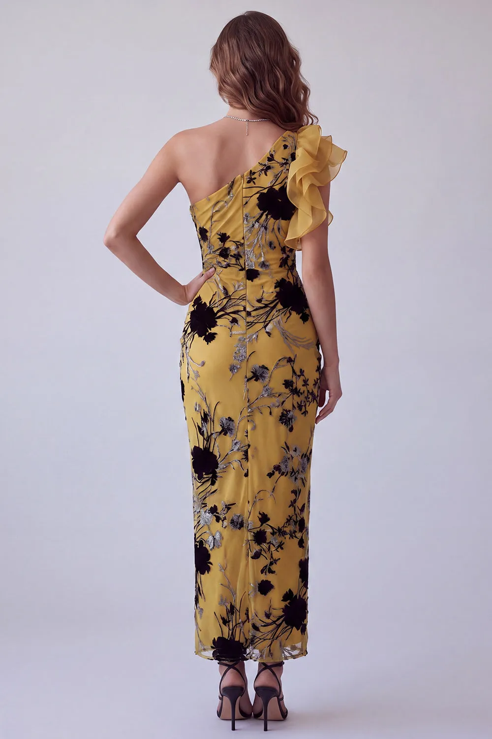 Ginger Yellow Sheath One Shoulder Printed Long Formal Dress with Ruffles sold by Zapaka product image thumbnail 2