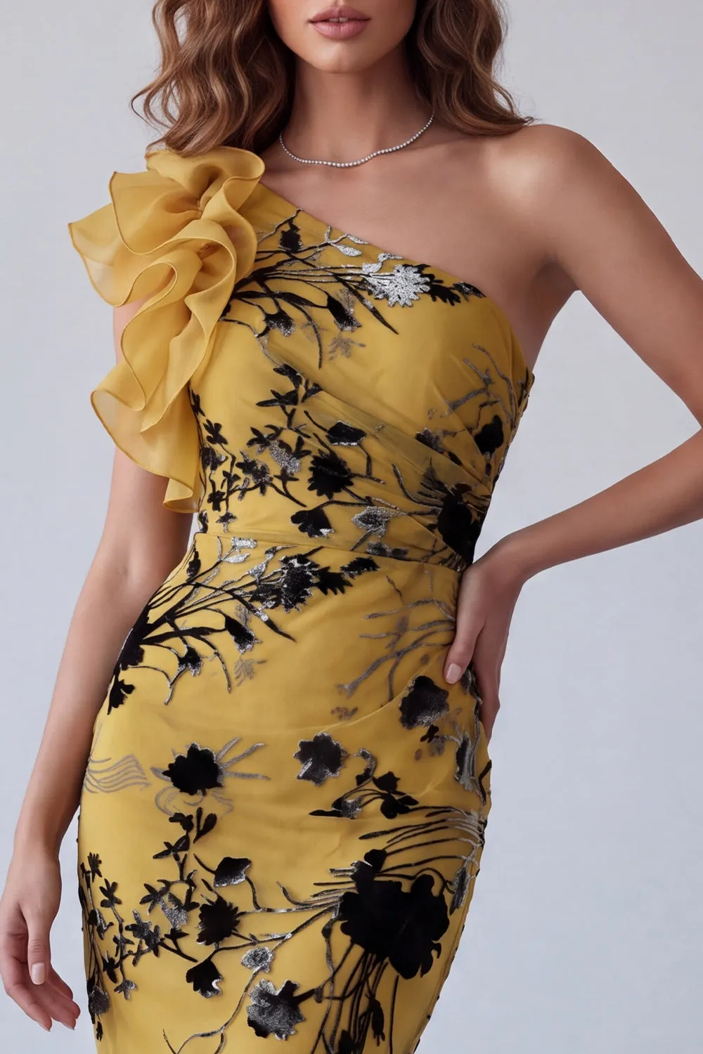 Ginger Yellow Sheath One Shoulder Printed Long Formal Dress with Ruffles sold by Zapaka product image thumbnail 3