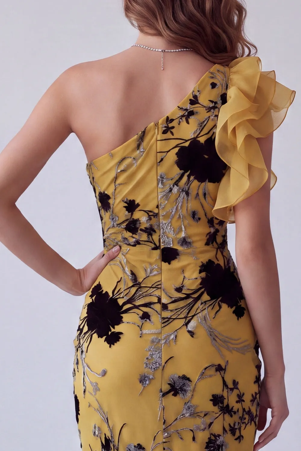 Ginger Yellow Sheath One Shoulder Printed Long Formal Dress with Ruffles sold by Zapaka product image thumbnail 4