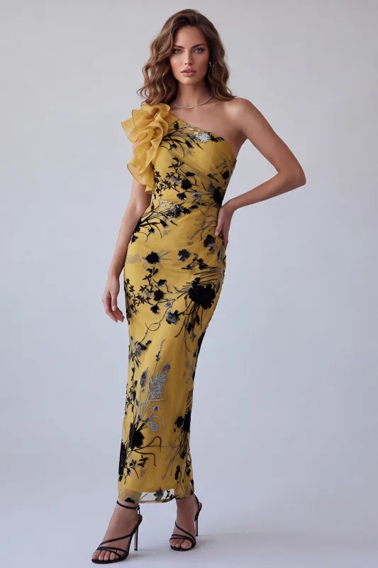 Ginger Yellow Sheath One Shoulder Printed Long Formal Dress with Ruffles made by Zapaka