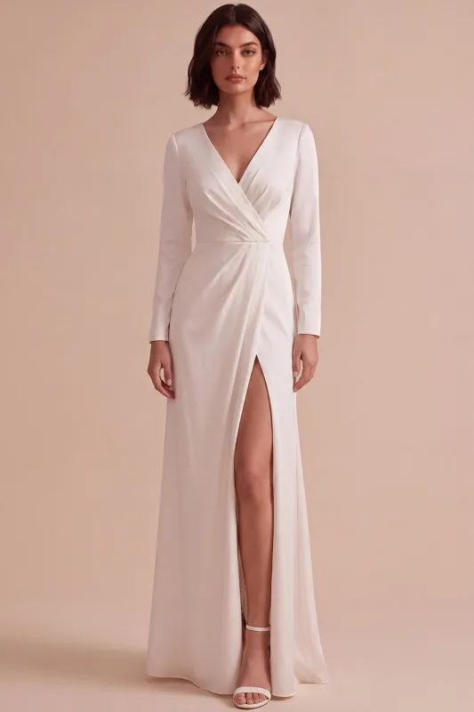 White V-Neck Ruched A-Line Long Engagement Dress with Slit made by Zapaka