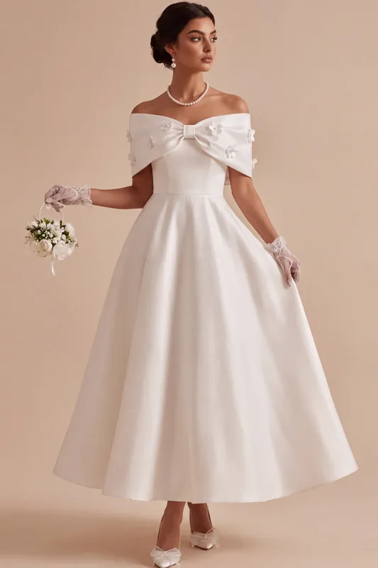 Off The Shoulder Pearls White 3D Flowers A-Line Long Engagement Dress with Bow made by Zapaka