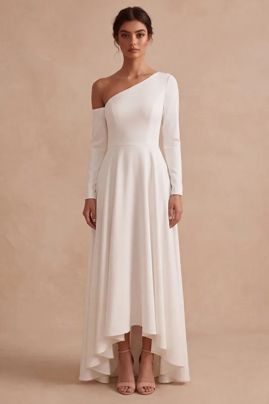 High-Low A-Line Asymmetrical Long Wedding Dress with Long Sleeves made by Zapaka