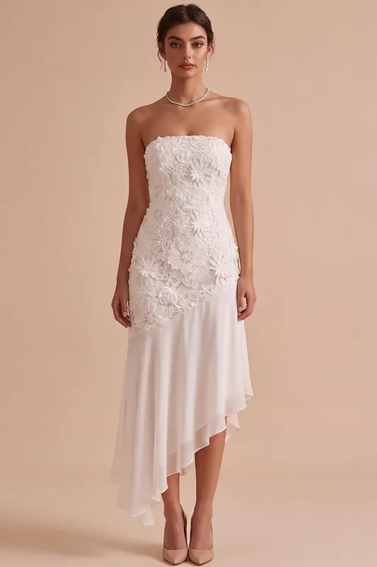 Strapless White Floral Appliqued Sheath Asymmetrical High-Low Hem Engagement Dress made by Zapaka