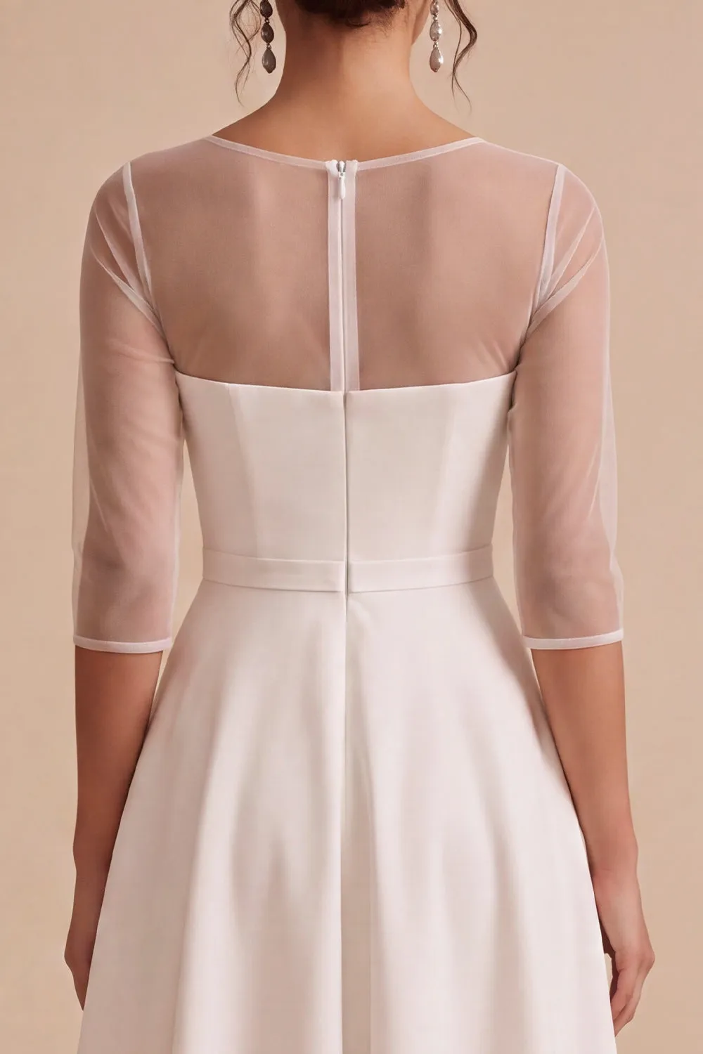 White Illusion Neck High-Low Asymmetrical Hem A-Line Engagement Dress with 3/4 Sleeves sold by Zapaka product image thumbnail 5