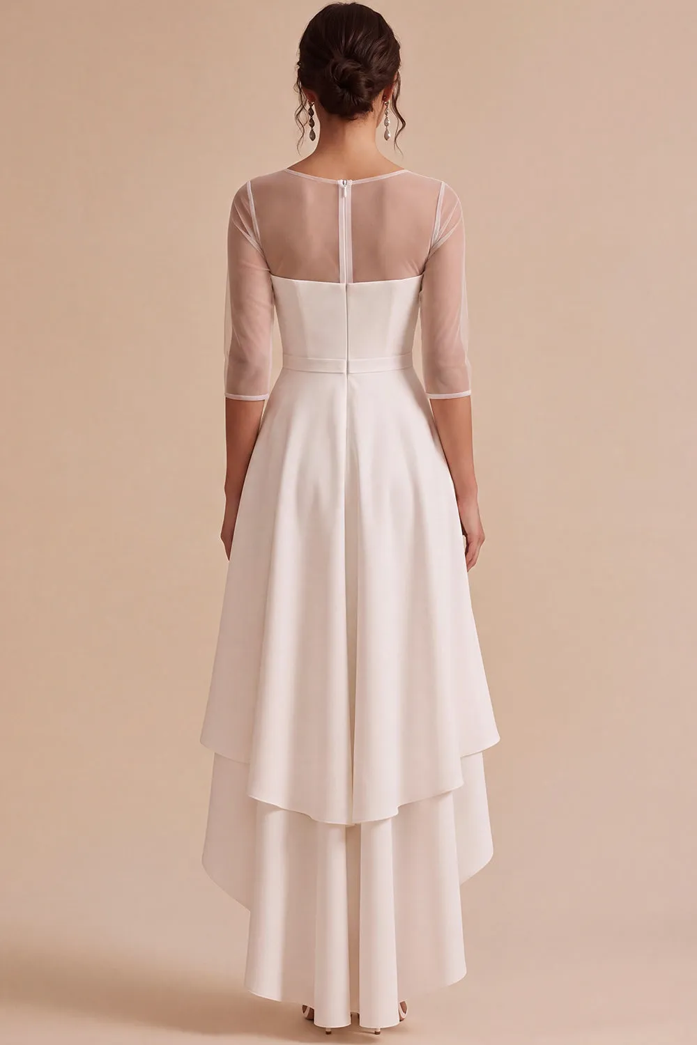 White Illusion Neck High-Low Asymmetrical Hem A-Line Engagement Dress with 3/4 Sleeves sold by Zapaka product image thumbnail 2
