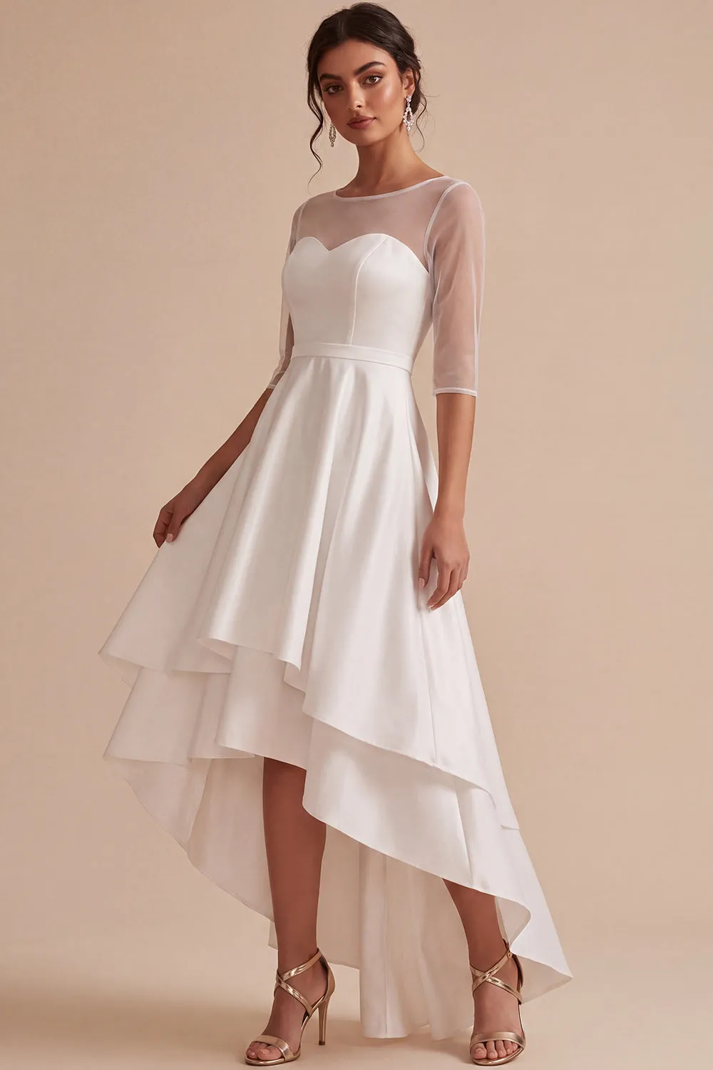 White Illusion Neck High-Low Asymmetrical Hem A-Line Engagement Dress with 3/4 Sleeves sold by Zapaka product image thumbnail 3