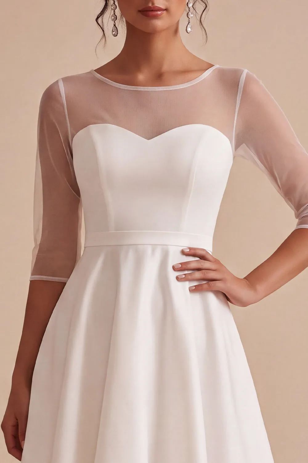 White Illusion Neck High-Low Asymmetrical Hem A-Line Engagement Dress with 3/4 Sleeves sold by Zapaka product image thumbnail 4