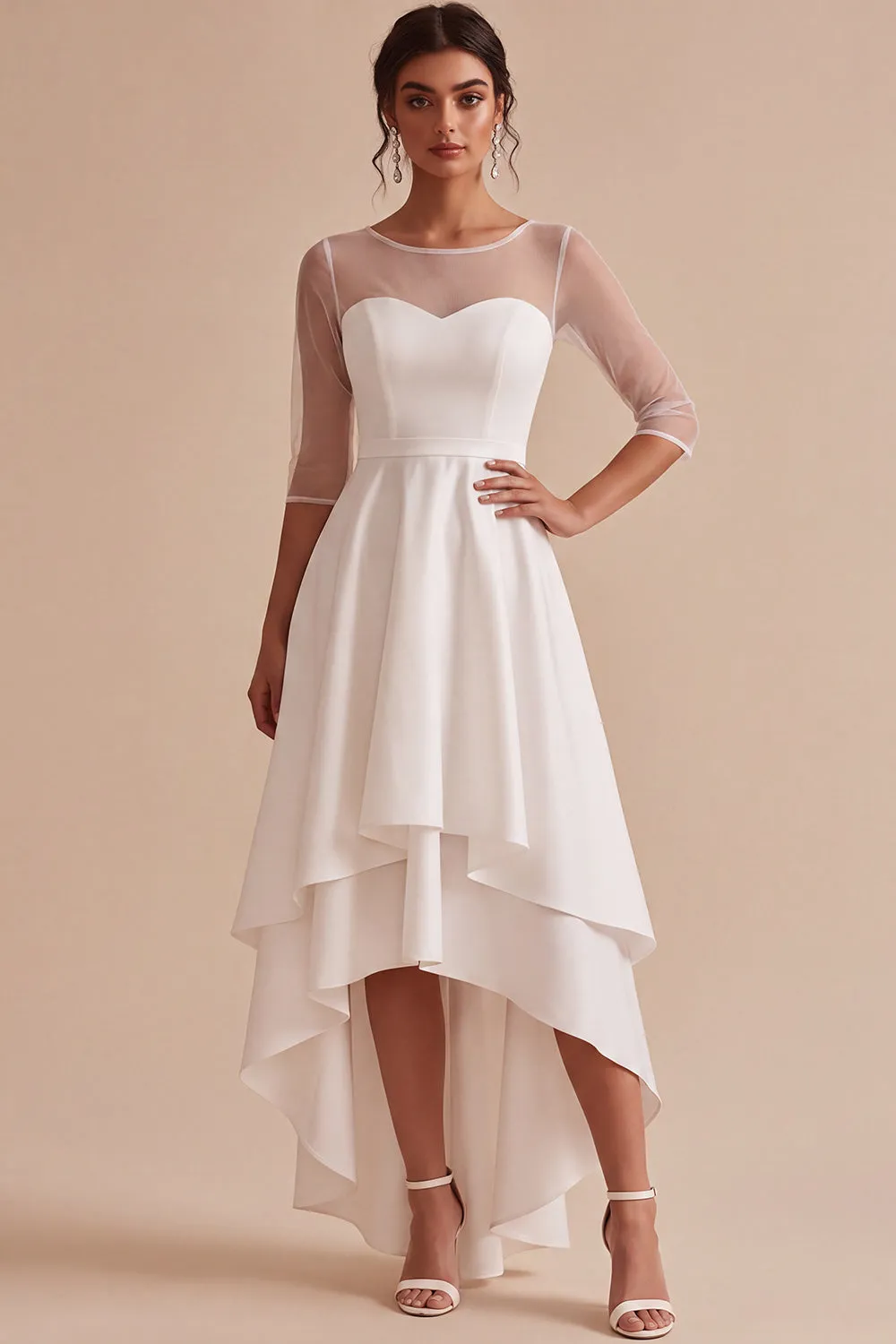 White Illusion Neck High-Low Asymmetrical Hem A-Line Engagement Dress with 3/4 Sleeves sold by Zapaka