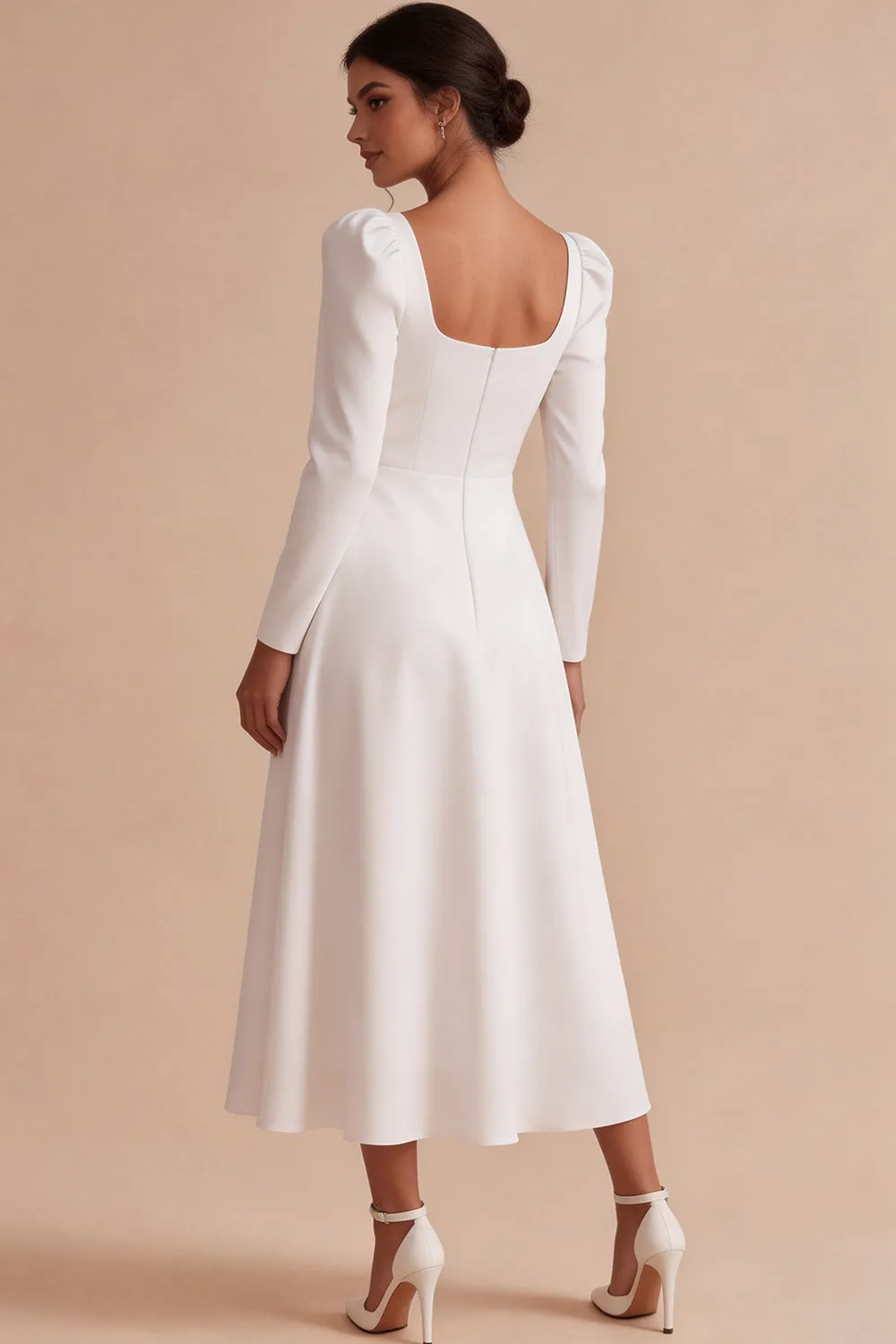 White A-Line Square Neck Long Engagement Dress with Long Sleeves sold by Zapaka product image thumbnail 3