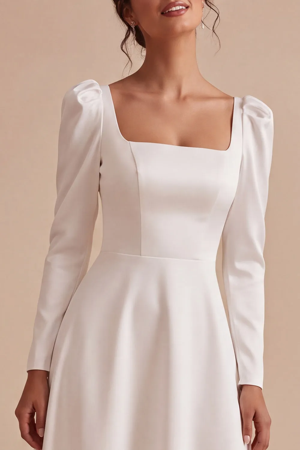White A-Line Square Neck Long Engagement Dress with Long Sleeves sold by Zapaka product image thumbnail 4