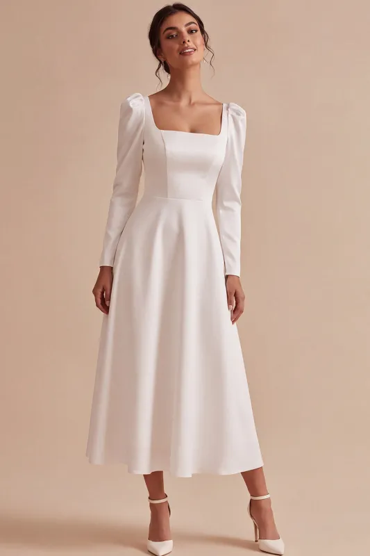 White A-Line Square Neck Long Engagement Dress with Long Sleeves made by Zapaka