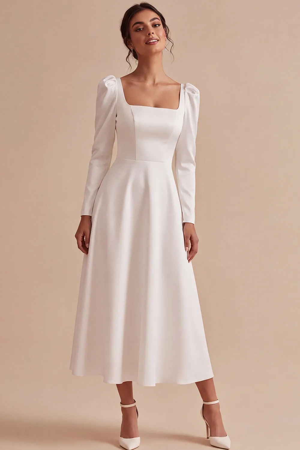 White A-Line Square Neck Long Engagement Dress with Long Sleeves sold by Zapaka