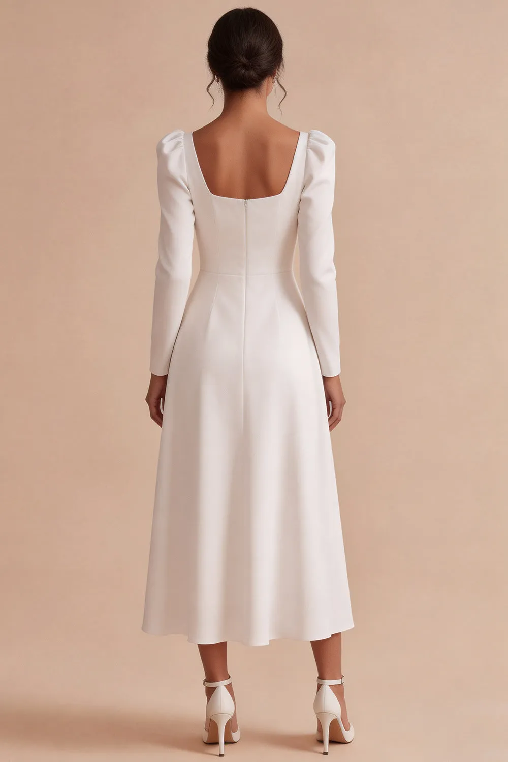 White A-Line Square Neck Long Engagement Dress with Long Sleeves sold by Zapaka product image thumbnail 2
