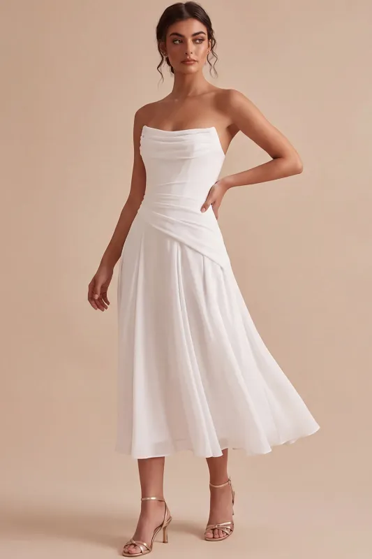 Strapless White Ruched A-Line Midi Engagement Dress made by Zapaka