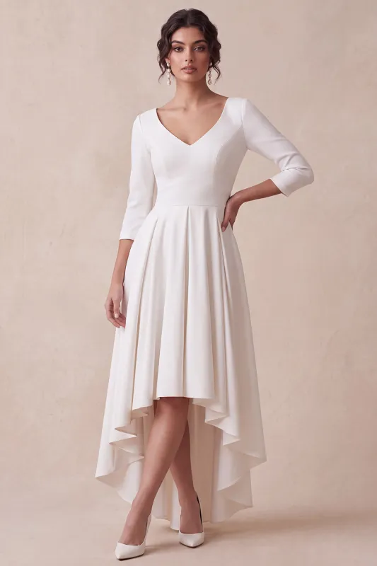 White High-Low A-Line V-Neck Engagement Dress with 3/4 Sleeves made by Zapaka