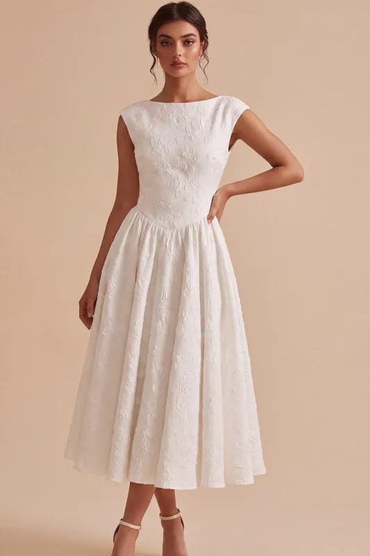 Floral White Jacquard A-Line Bateau Engagement Dress with Cap Sleeve made by Zapaka