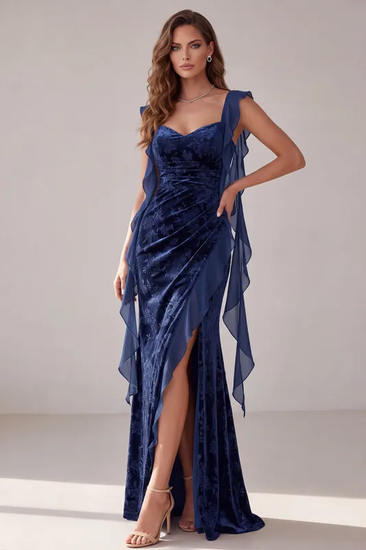 Navy Velvet Sheath Sweetheart Ruched Long Evening Dress with Ruffles made by Zapaka
