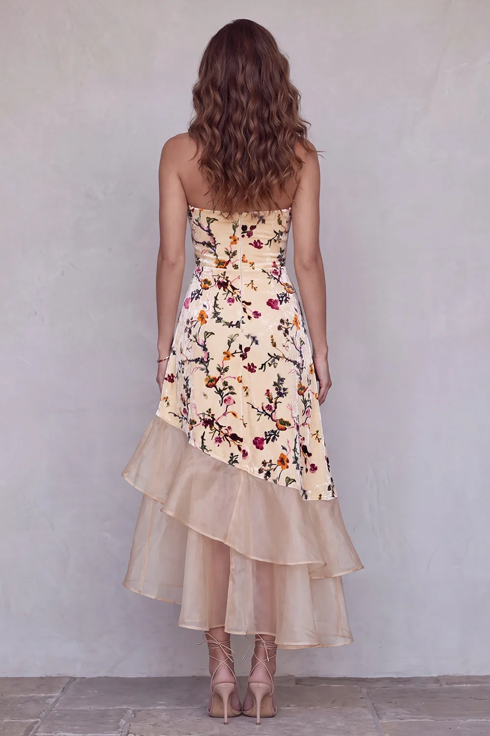 Champagne Printed A-Line Asymmetrical Ruffled High-Low Hem Long Formal Dress sold by Zapaka product image thumbnail 2