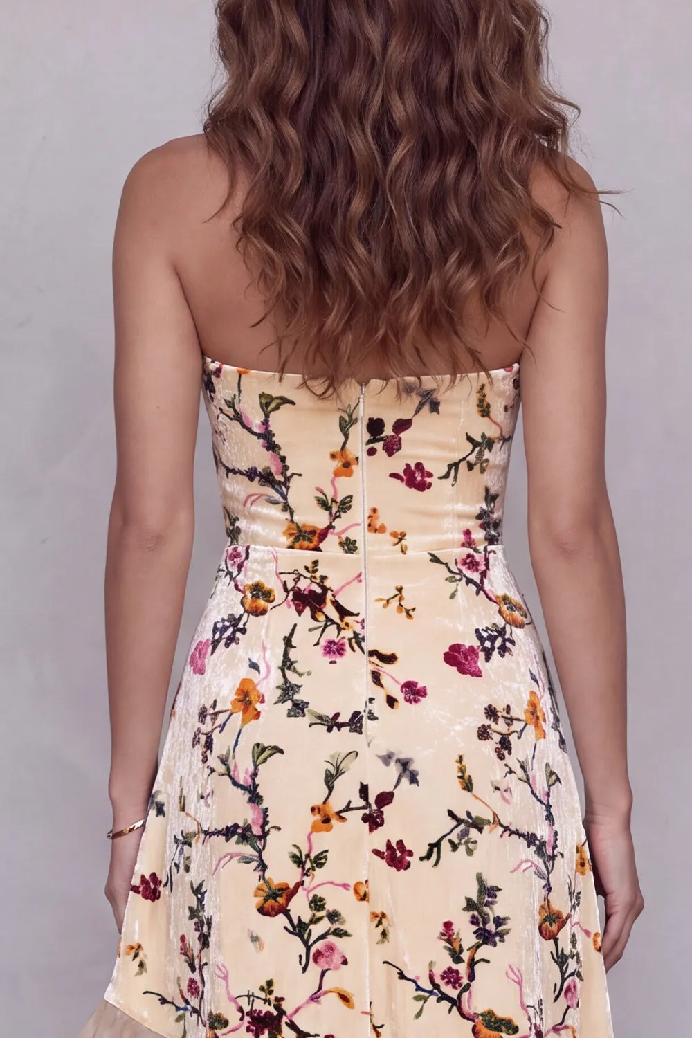 Champagne Printed A-Line Asymmetrical Ruffled High-Low Hem Long Formal Dress sold by Zapaka product image thumbnail 4