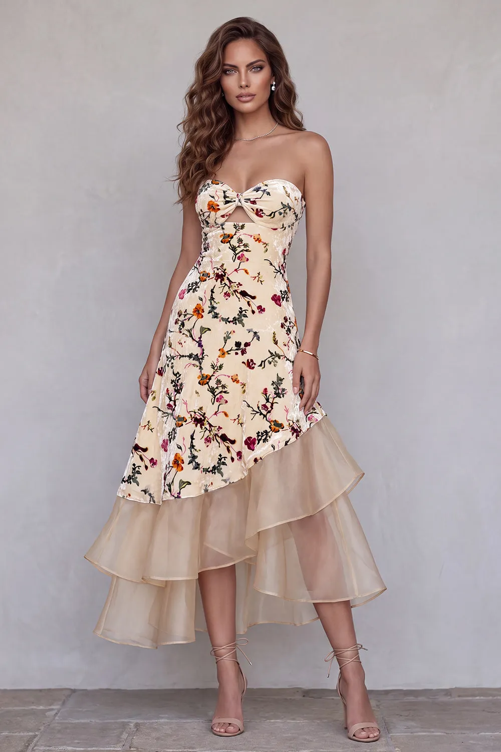 Champagne Printed A-Line Asymmetrical Ruffled High-Low Hem Long Formal Dress sold by Zapaka