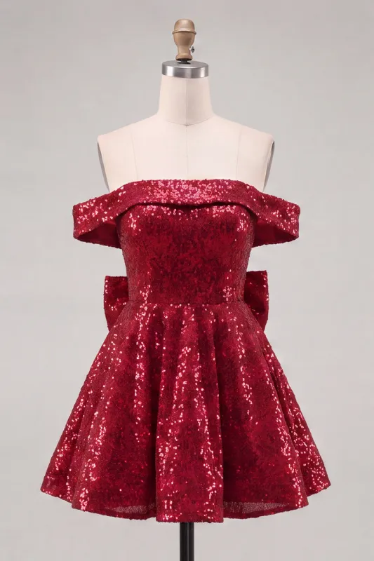Sparkly Red Off the Shoulder A-Line Sequins Short Homecoming Dress with Bow made by Zapaka