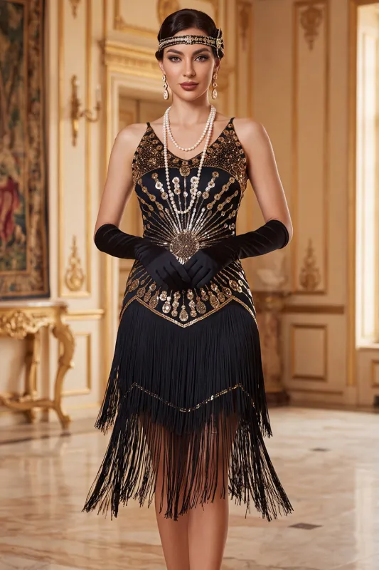Vintage Black Golden Sequins Sleeveless 1920s Flapper Dress with Fringes made by Zapaka