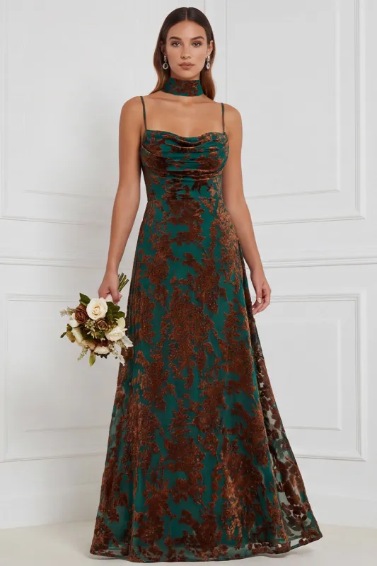 Brown A-Line Cowl Neck Burnout Velvet Dress made by Zapaka