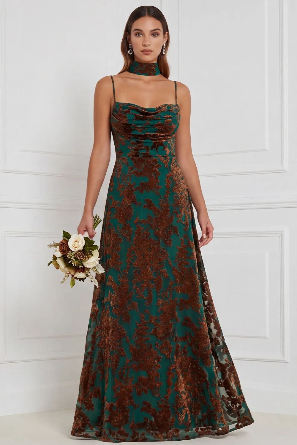 Brown A-Line Cowl Neck Burnout Velvet Dress sold by Zapaka