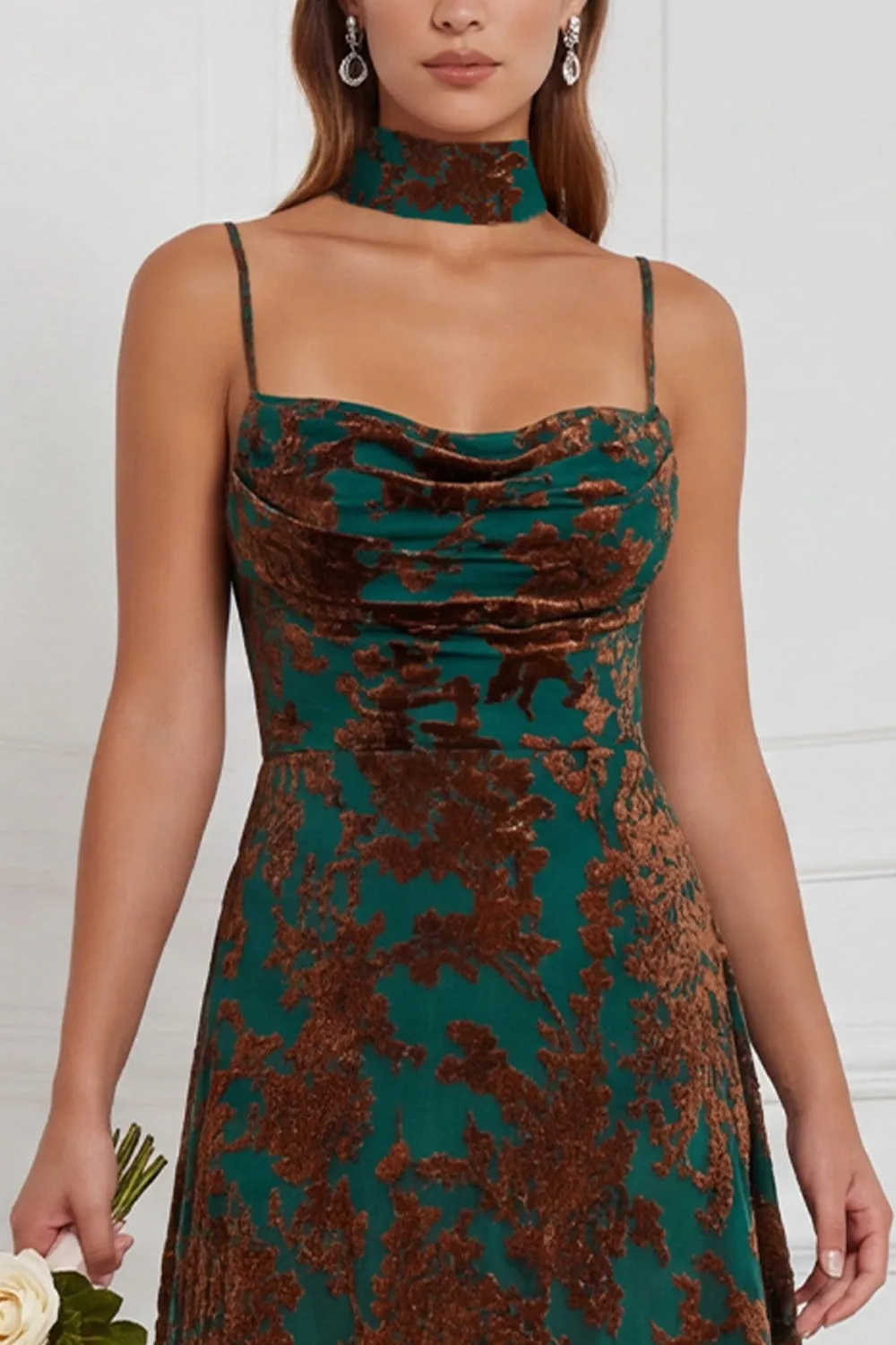Brown A-Line Cowl Neck Burnout Velvet Dress sold by Zapaka product image thumbnail 3