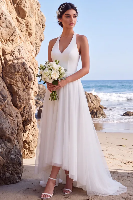 White Halter A-Line V-Neck High-Low Wedding Dress made by Zapaka