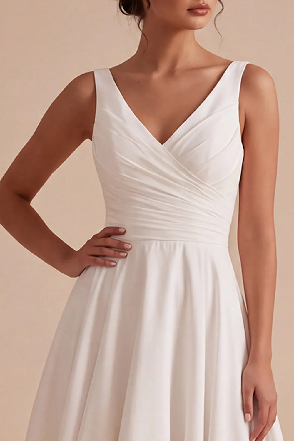 White V-Neck Ruched A-Line Midi Wedding Dress with Lace sold by Zapaka product image thumbnail 3