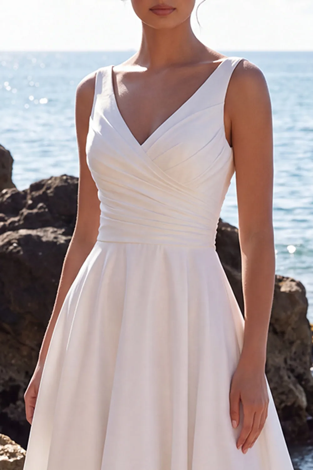 White V-Neck Ruched A-Line Midi Wedding Dress with Lace sold by Zapaka product image thumbnail 4