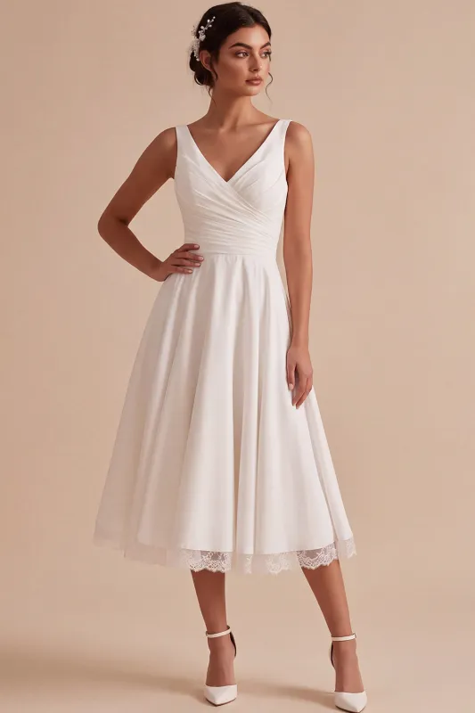 White V-Neck Ruched A-Line Midi Wedding Dress with Lace made by Zapaka