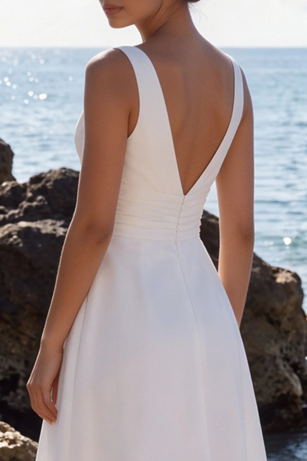 White V-Neck Ruched A-Line Midi Wedding Dress with Lace sold by Zapaka product image thumbnail 5