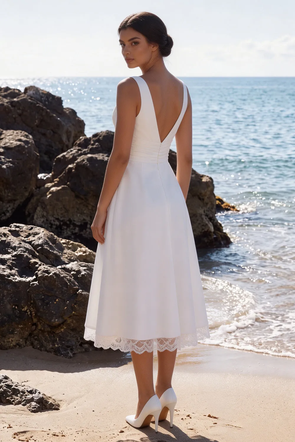 White V-Neck Ruched A-Line Midi Wedding Dress with Lace sold by Zapaka product image thumbnail 2