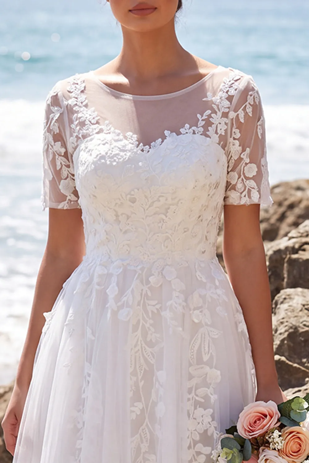 White Floral Appliqued A-Line Illusion Neck Midi Wedding Dress sold by Zapaka product image thumbnail 4