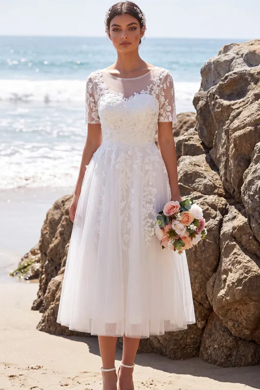 White Floral Appliqued A-Line Illusion Neck Midi Wedding Dress made by Zapaka