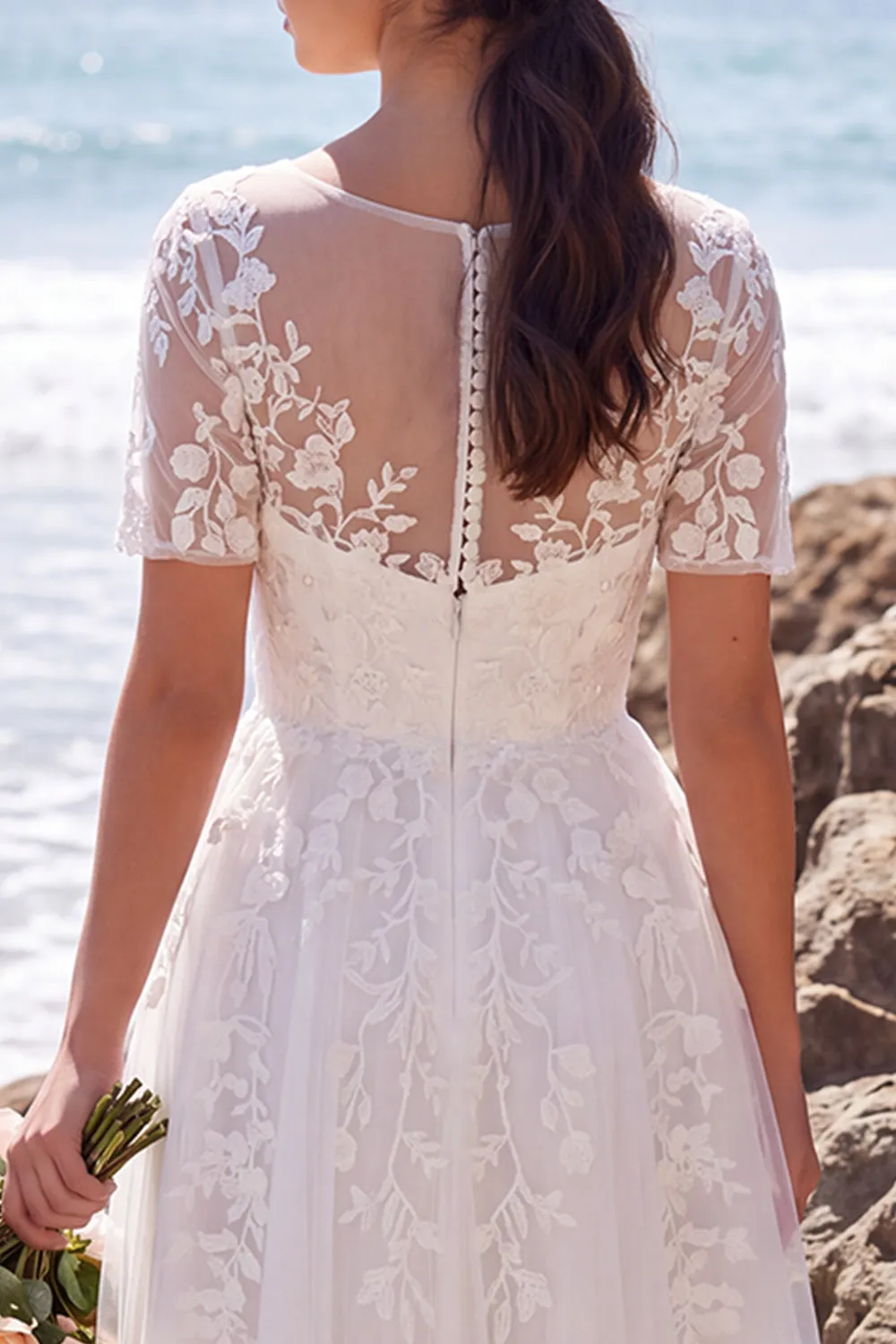 White Floral Appliqued A-Line Illusion Neck Midi Wedding Dress sold by Zapaka product image thumbnail 5