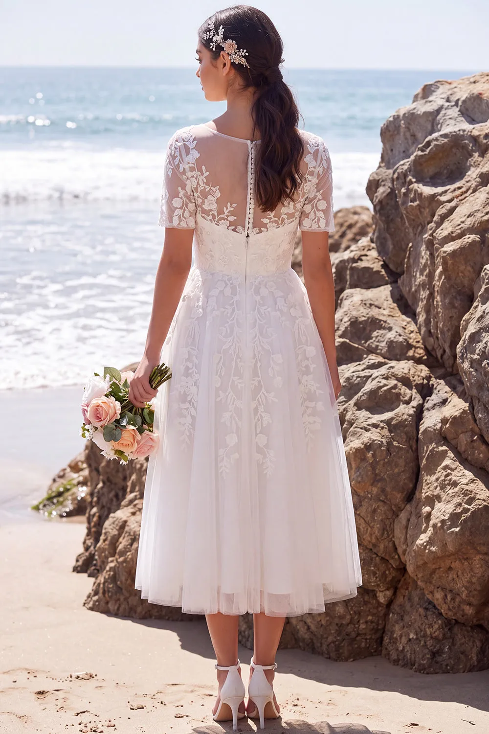White Floral Appliqued A-Line Illusion Neck Midi Wedding Dress sold by Zapaka product image thumbnail 2