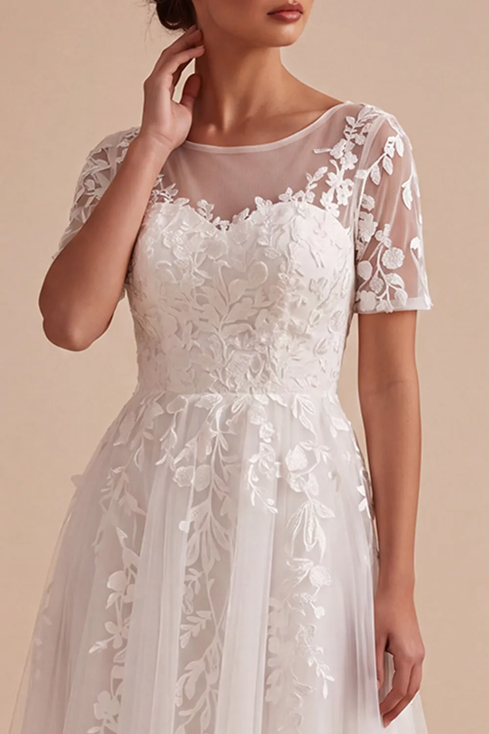 White Floral Appliqued A-Line Illusion Neck Midi Wedding Dress sold by Zapaka product image thumbnail 3