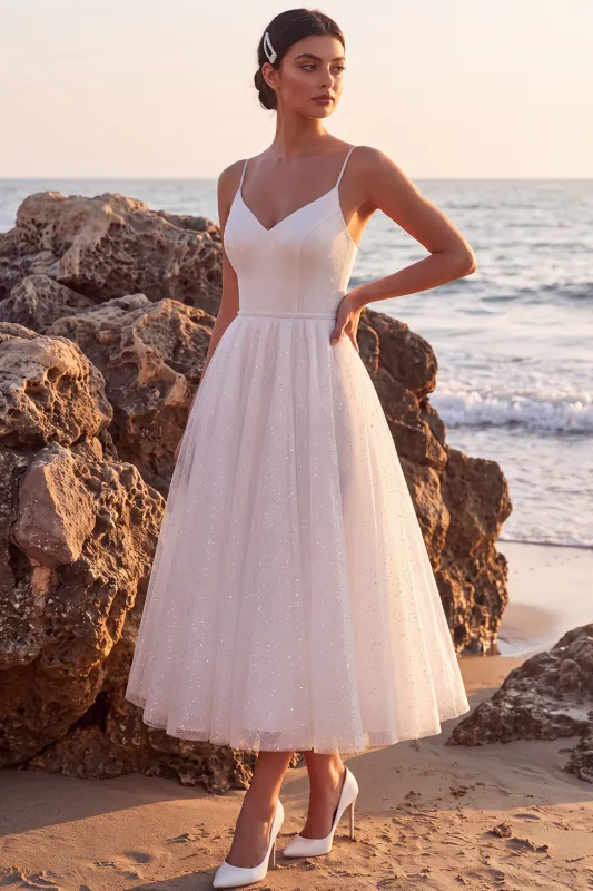 Glitter White A-Line V-Neck Midi Wedding Dress made by Zapaka