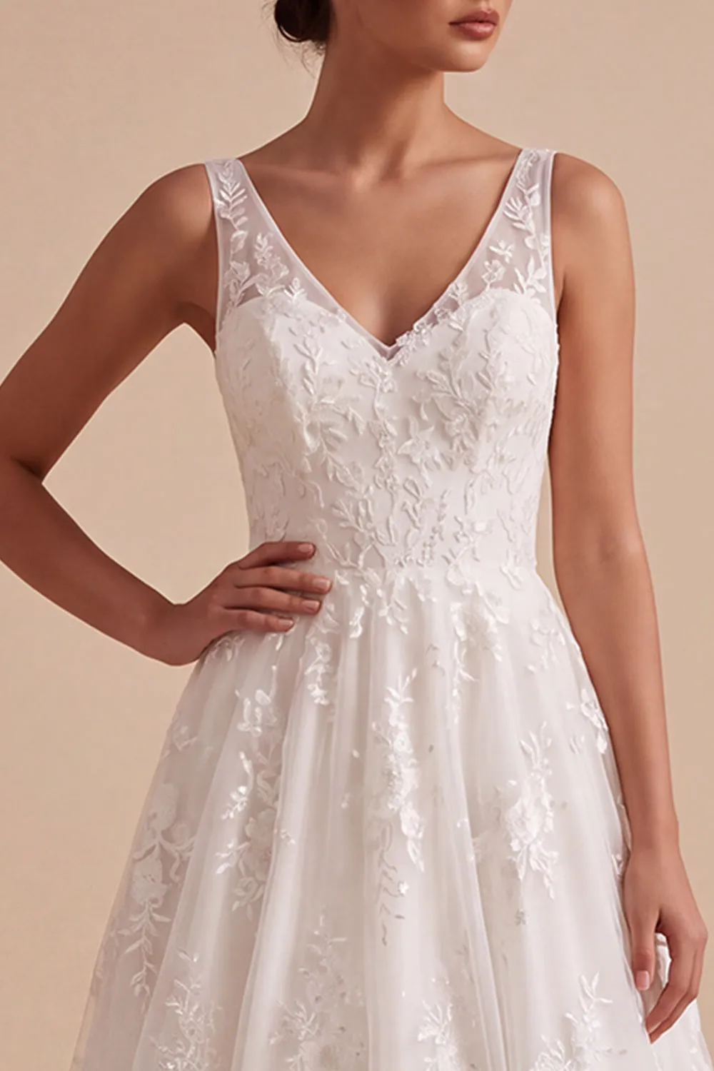 White Floral A-Line V-Neck Embroidered Long Wedding Dress sold by Zapaka product image thumbnail 3